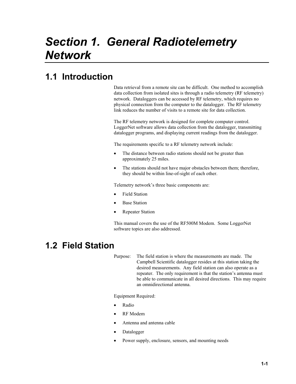 Section 1. general radiotelemetry network, 1 introduction, 2 field station | Campbell Scientific RF500M Radio Modem User Manual | Page 5 / 36