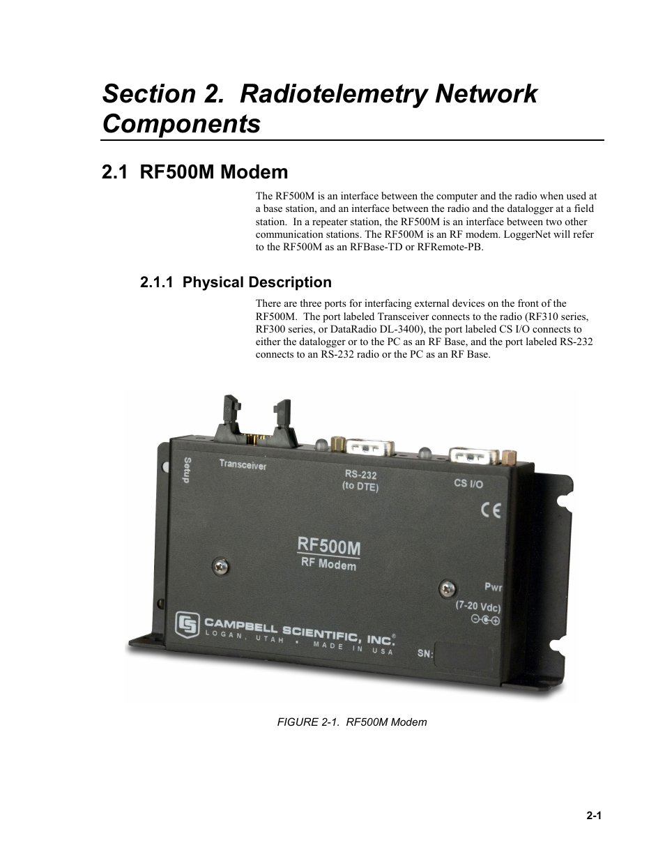 Section 2. radiotelemetry network components, 1 rf500m modem, 1 physical description | Campbell Scientific RF500M Radio Modem User Manual | Page 7 / 36