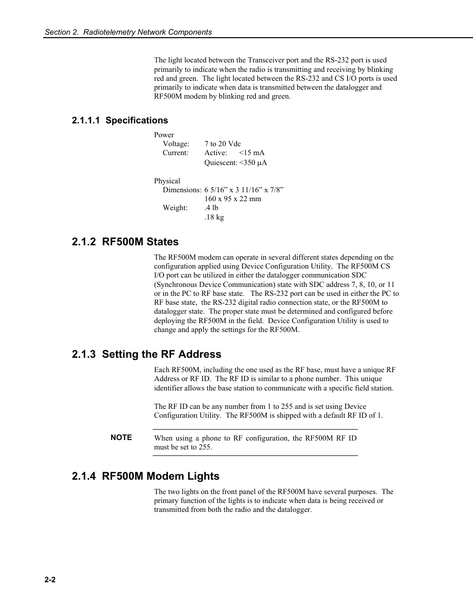 1 specifications, 2 rf500m states, 3 setting the rf address | 4 rf500m modem lights | Campbell Scientific RF500M Radio Modem User Manual | Page 8 / 36