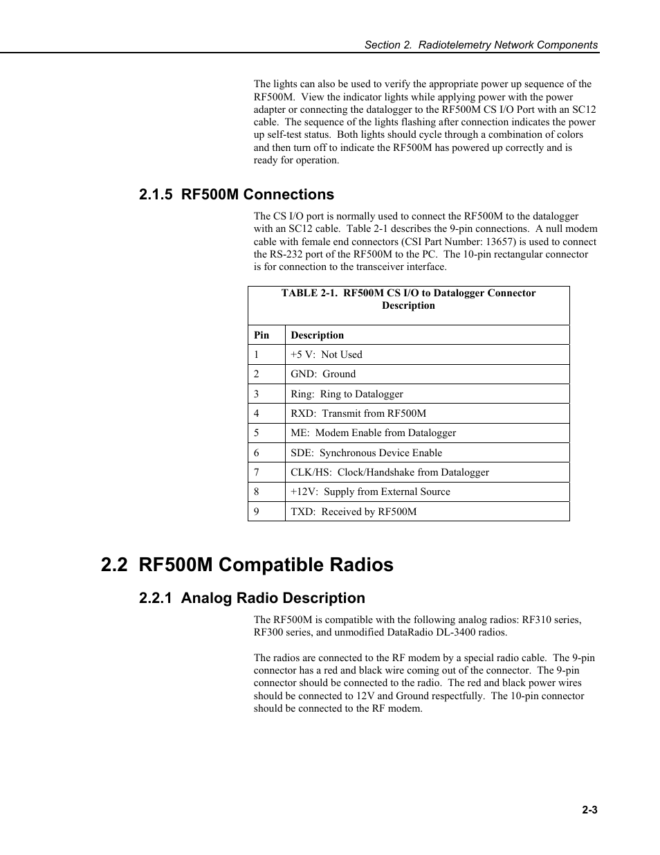 5 rf500m connections, 2 rf500m compatible radios, 1 analog radio description | Campbell Scientific RF500M Radio Modem User Manual | Page 9 / 36