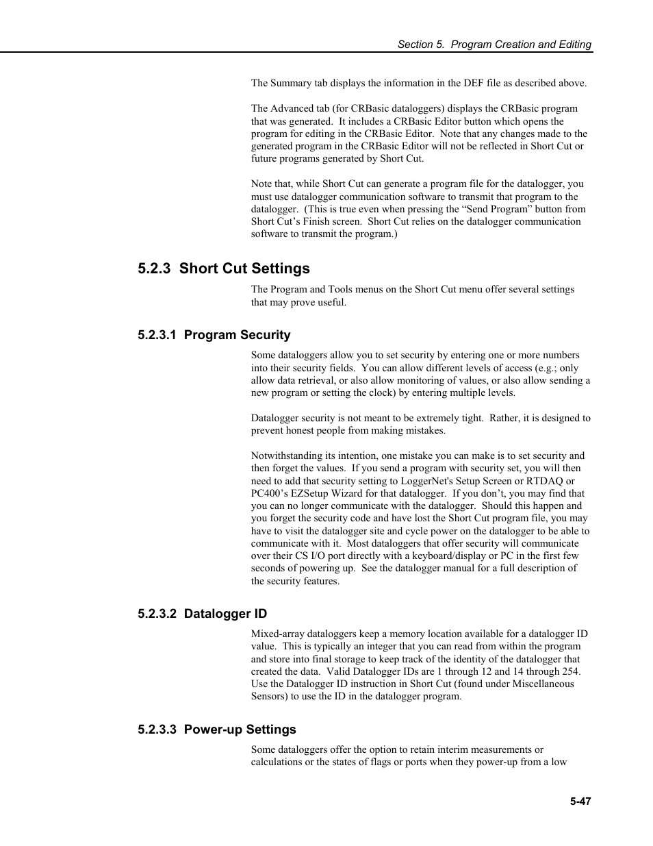 3 short cut settings, 1 program security, 2 datalogger id | 3 power-up settings | Campbell Scientific RTDAQ Software User Manual | Page 107 / 368