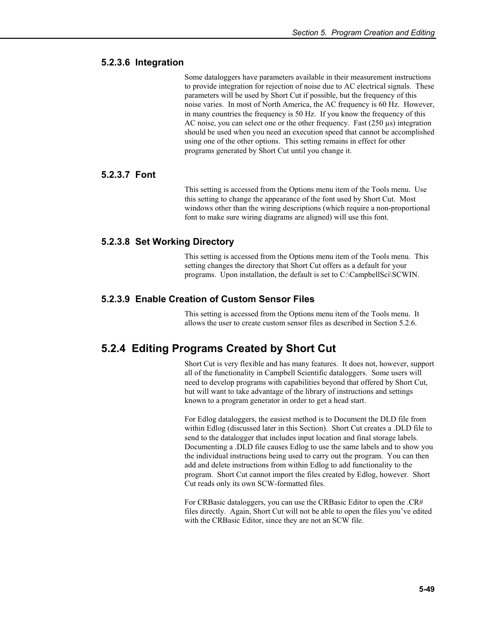 6 integration, 7 font, 8 set working directory | 9 enable creation of custom sensor files, 4 editing programs created by short cut | Campbell Scientific RTDAQ Software User Manual | Page 109 / 368