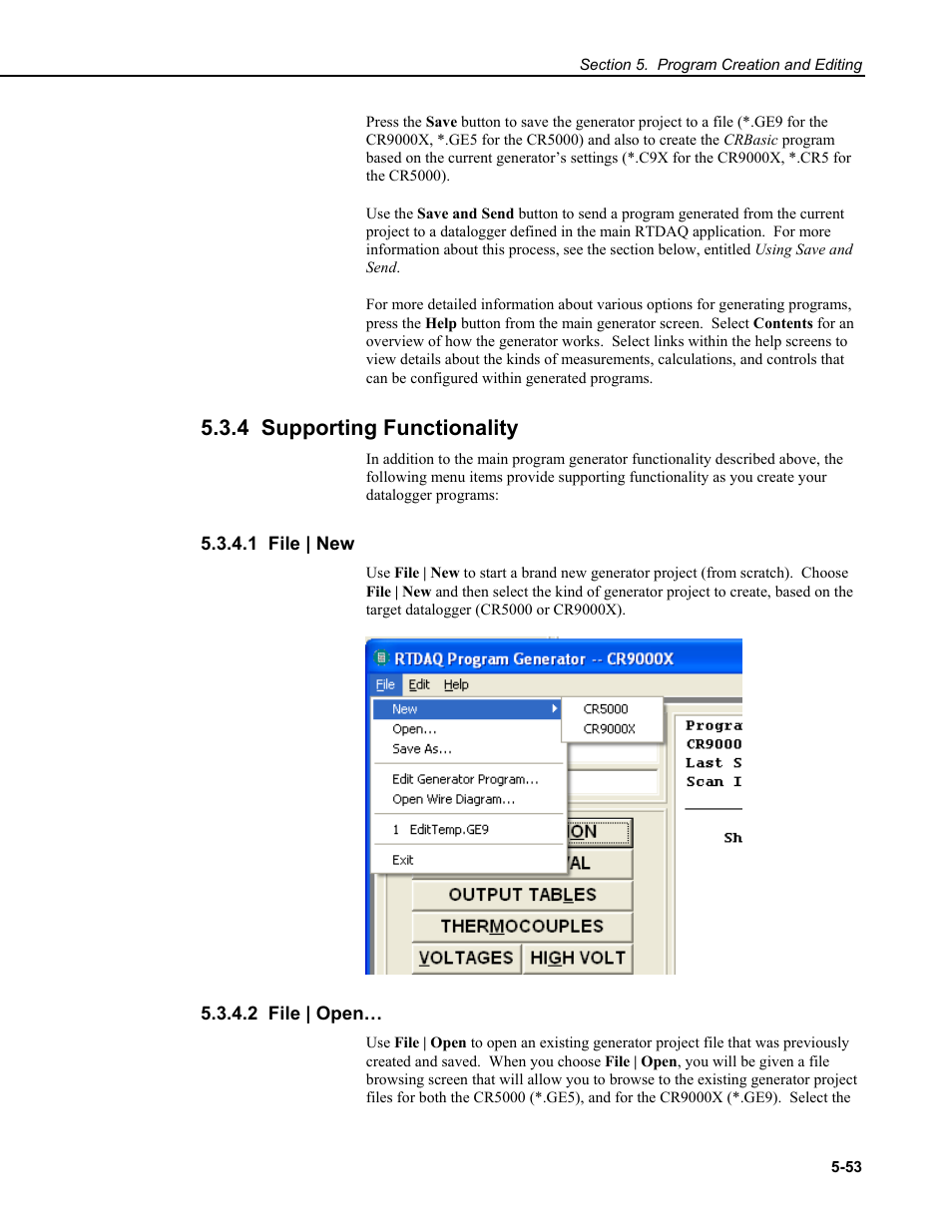 4 supporting functionality, 1 file | new, 2 file | open | Campbell Scientific RTDAQ Software User Manual | Page 113 / 368