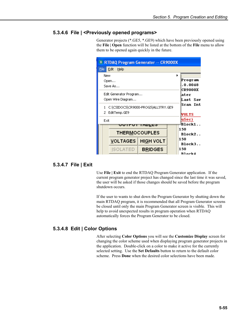 6 file | <previously opened programs, 7 file | exit, 8 edit | color options | Campbell Scientific RTDAQ Software User Manual | Page 115 / 368