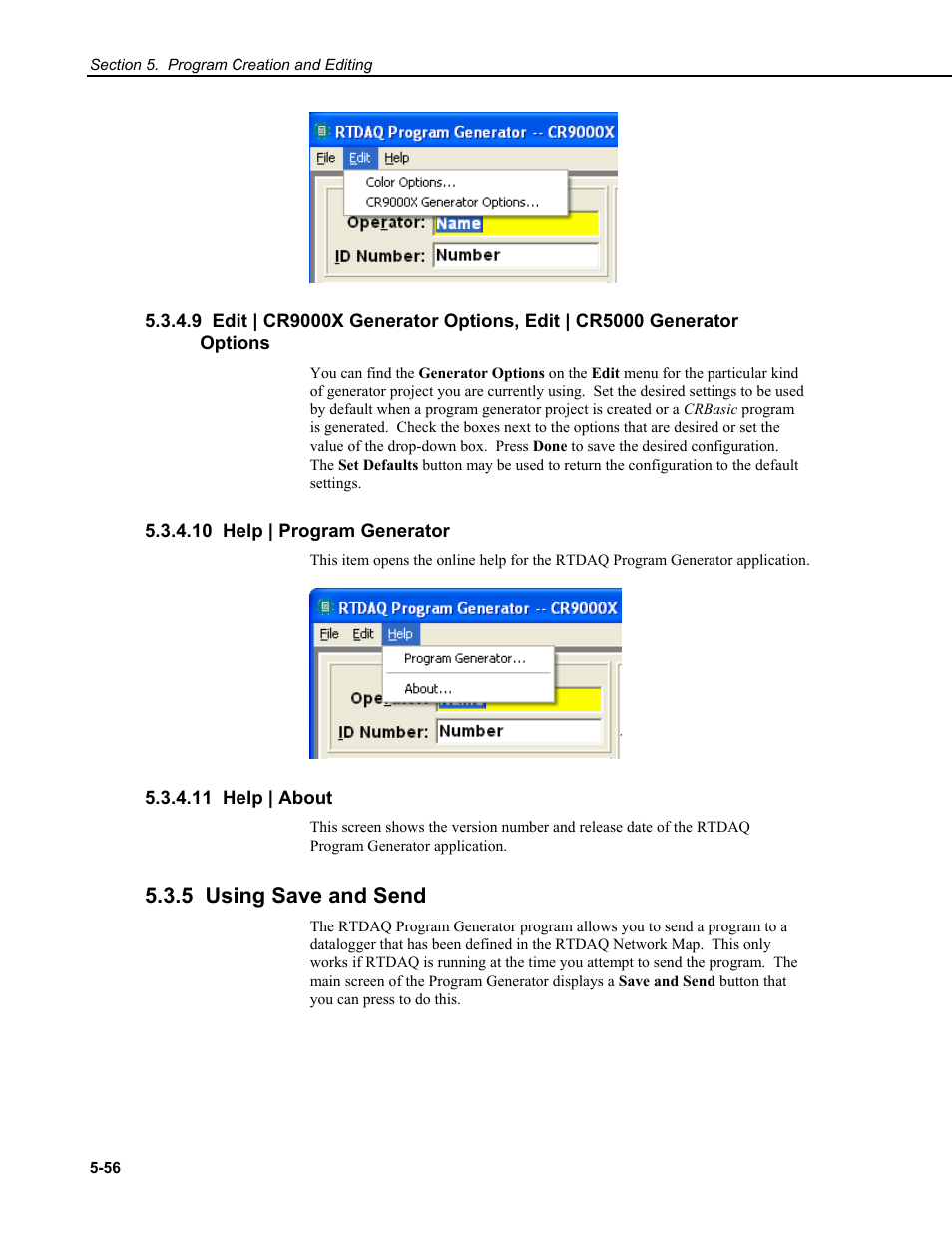 10 help | program generator, 11 help | about, 5 using save and send | Campbell Scientific RTDAQ Software User Manual | Page 116 / 368