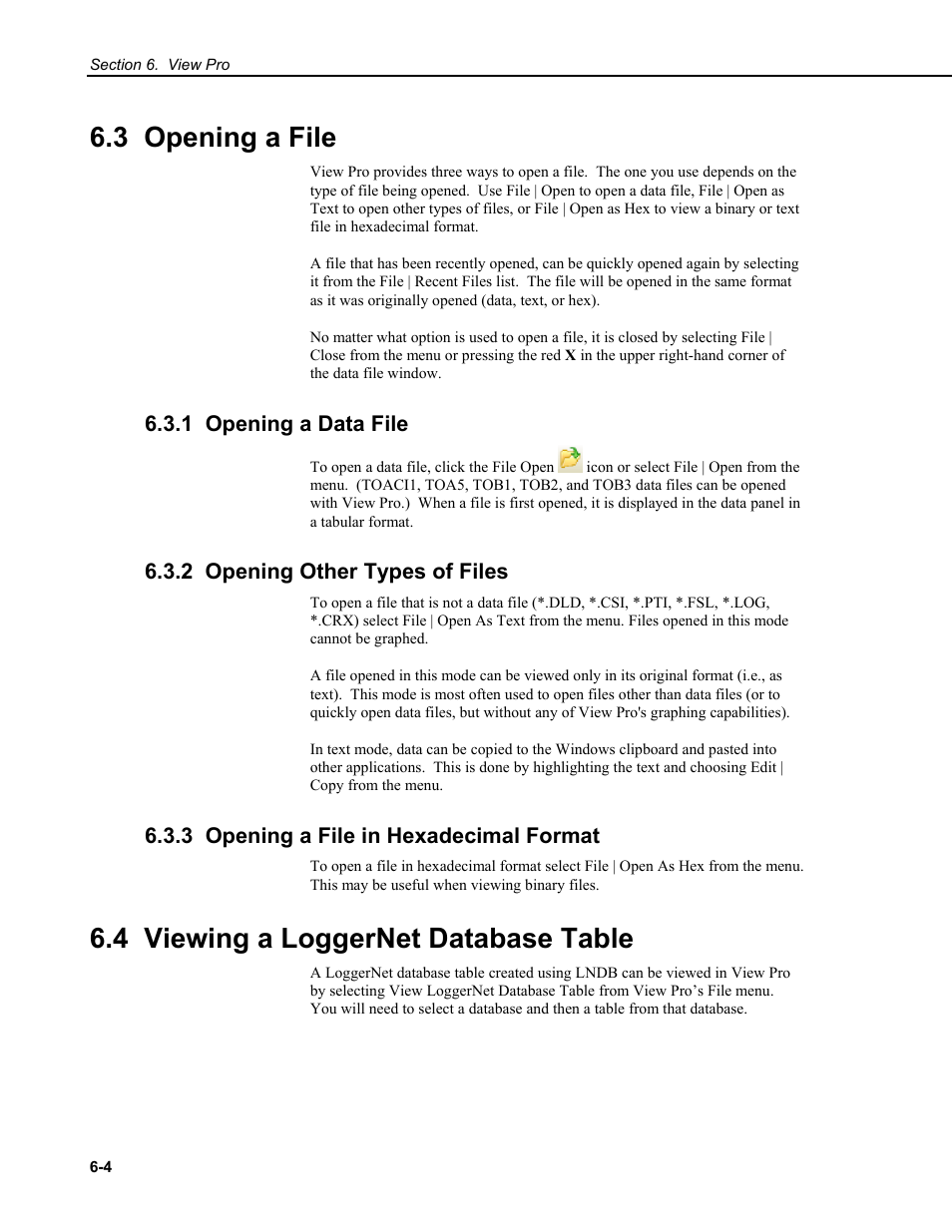 3 opening a file, 1 opening a data file, 2 opening other types of files | 3 opening a file in hexadecimal format, 4 viewing a loggernet database table | Campbell Scientific RTDAQ Software User Manual | Page 122 / 368