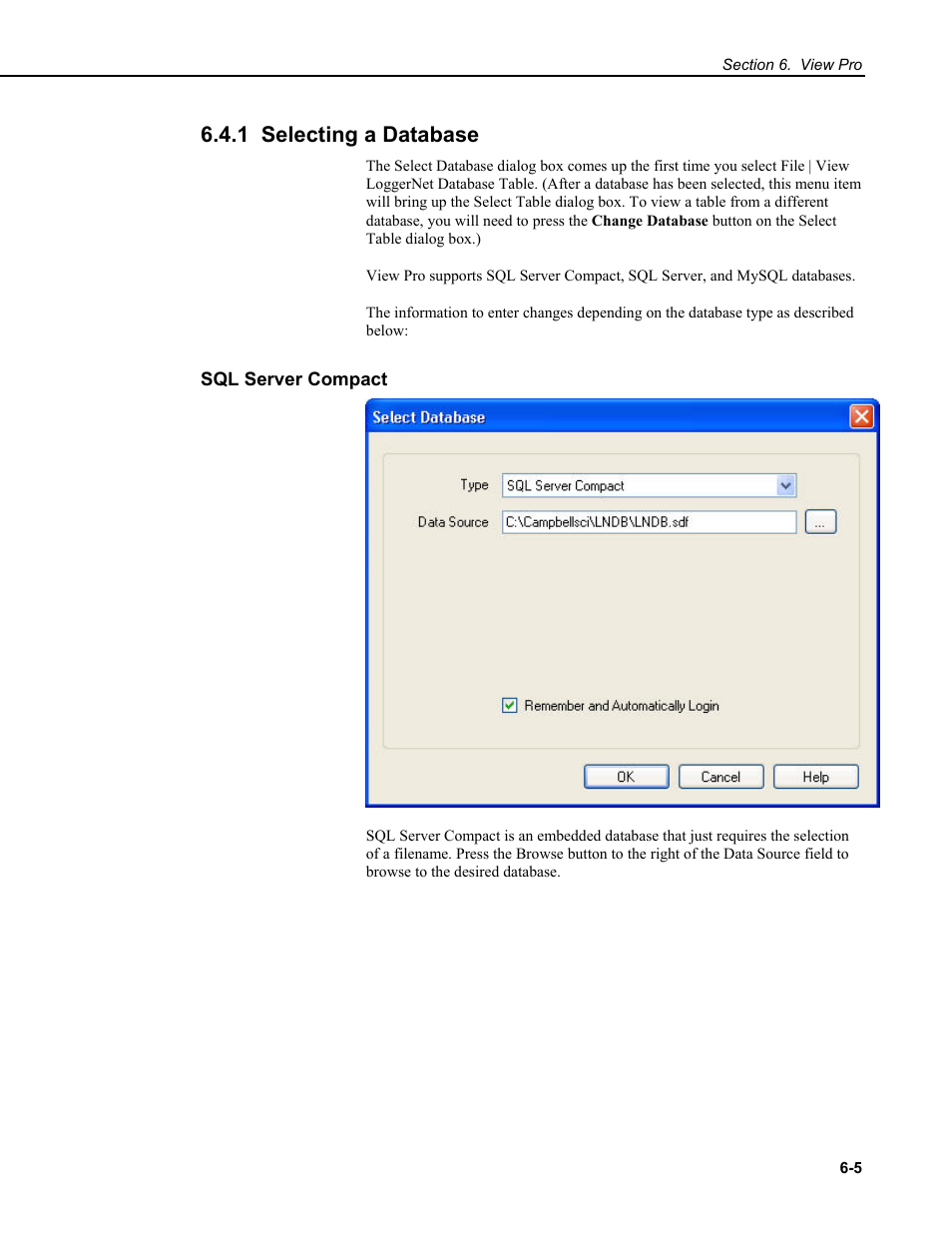 1 selecting a database, Sql server compact | Campbell Scientific RTDAQ Software User Manual | Page 123 / 368