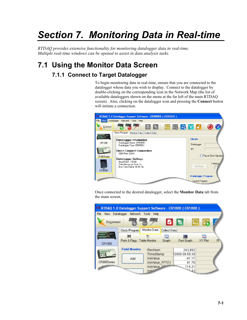 Section 7. monitoring data in real-time, 1 using the monitor data screen, 1 connect to target datalogger | Campbell Scientific RTDAQ Software User Manual | Page 153 / 368