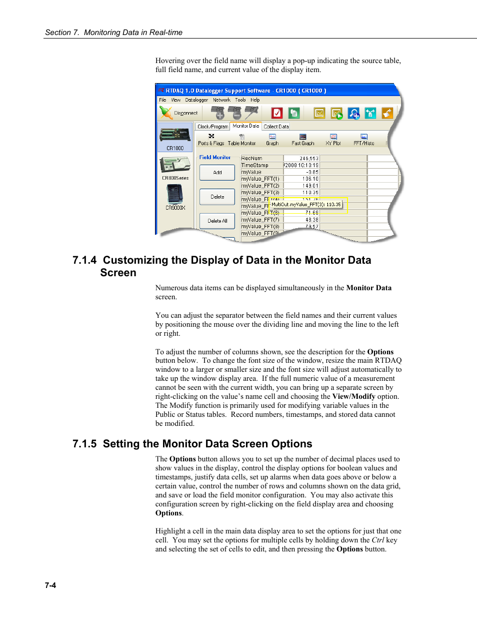 5 setting the monitor data screen options | Campbell Scientific RTDAQ Software User Manual | Page 156 / 368