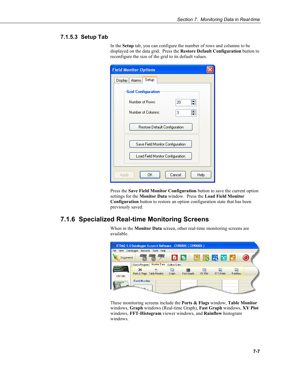 3 setup tab, 6 specialized real-time monitoring screens | Campbell Scientific RTDAQ Software User Manual | Page 159 / 368