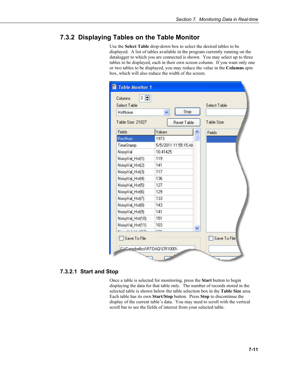 2 displaying tables on the table monitor, 1 start and stop | Campbell Scientific RTDAQ Software User Manual | Page 163 / 368
