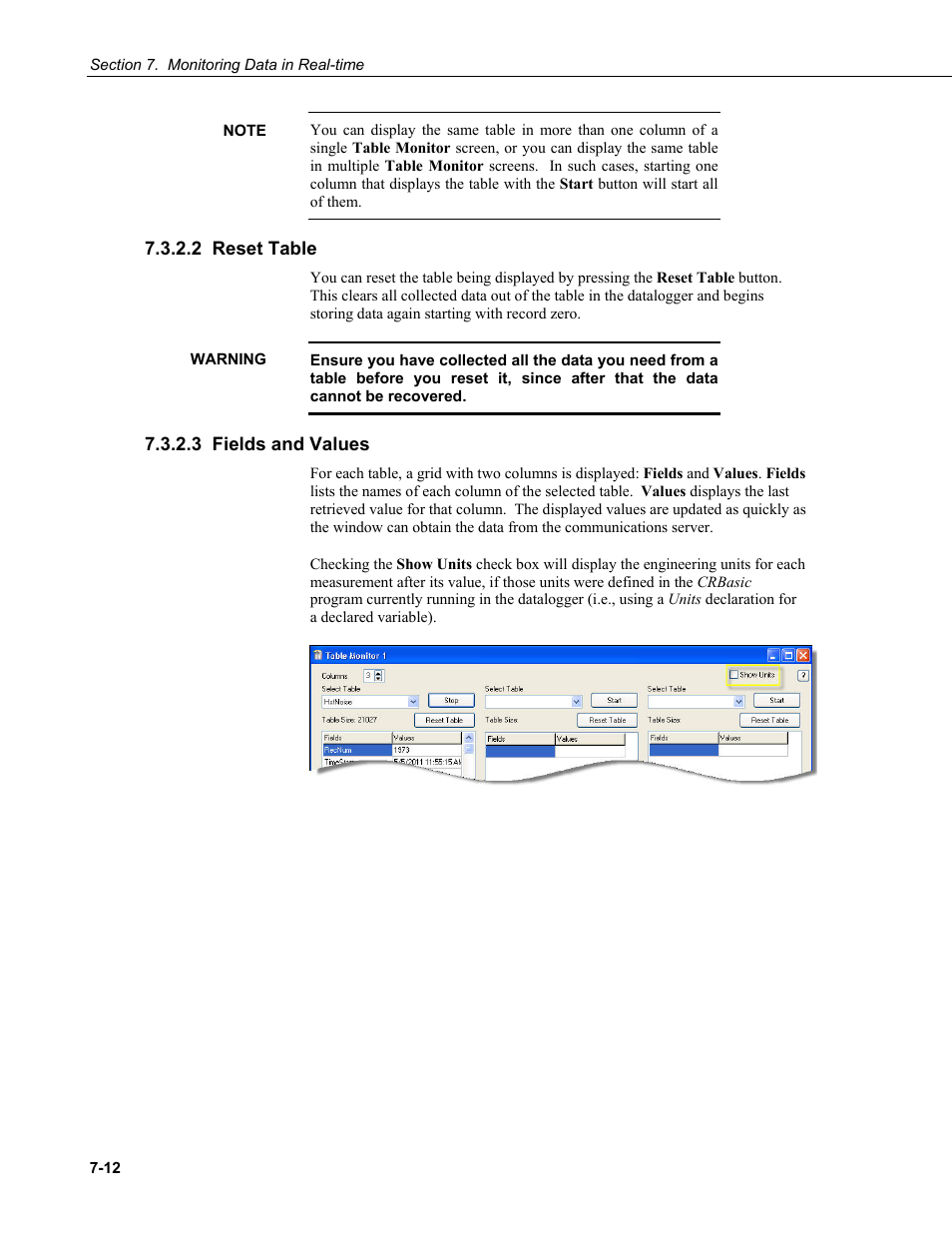 2 reset table, 3 fields and values | Campbell Scientific RTDAQ Software User Manual | Page 164 / 368