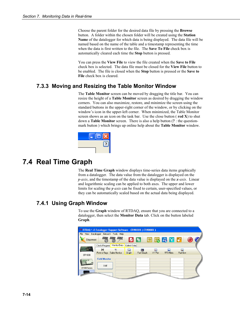 3 moving and resizing the table monitor window, 4 real time graph, 1 using graph window | 1 using gra, Ph window | Campbell Scientific RTDAQ Software User Manual | Page 166 / 368
