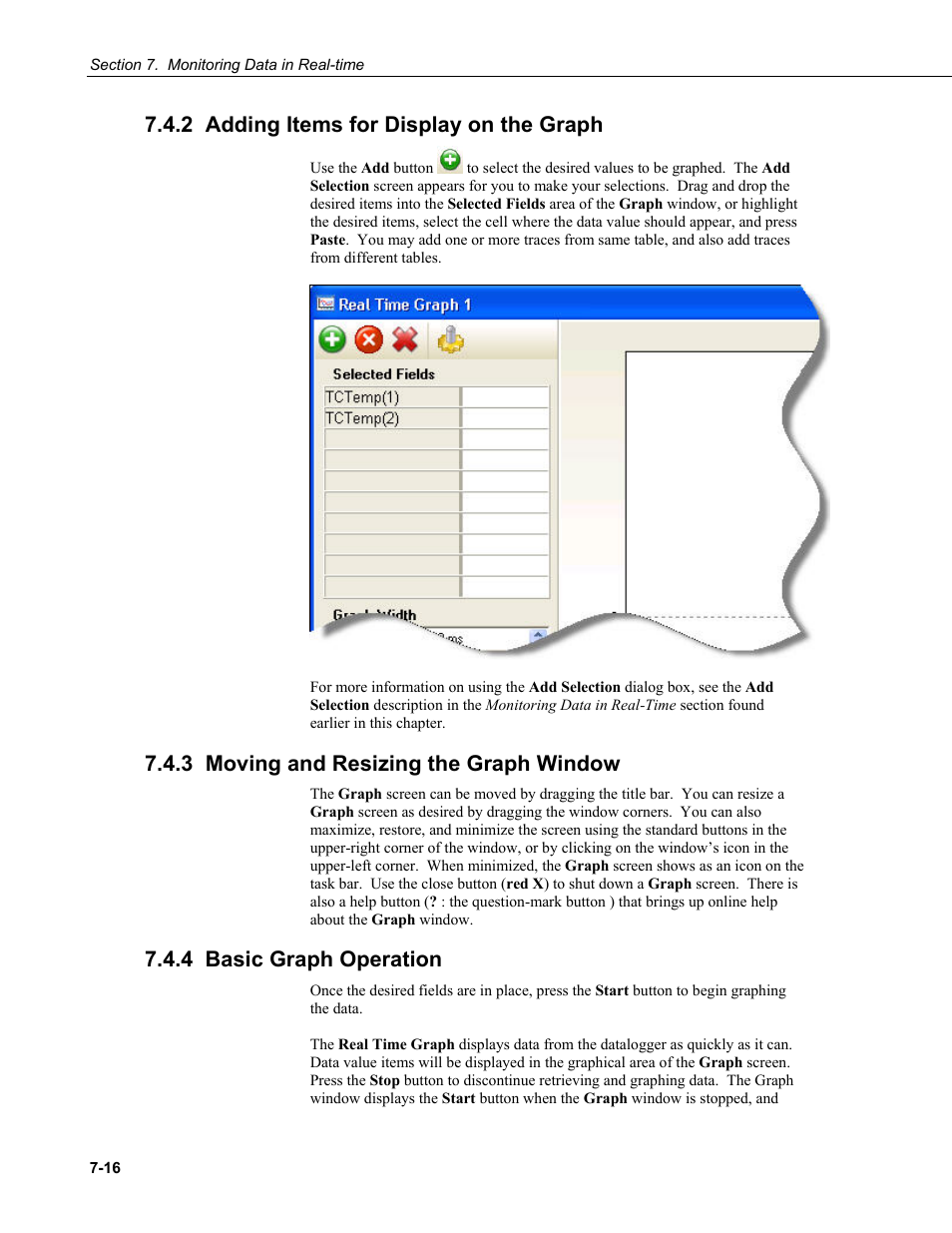 2 adding items for display on the graph, 3 moving and resizing the graph window, 4 basic graph operation | 2 adding ite, Ms for display on the graph | Campbell Scientific RTDAQ Software User Manual | Page 168 / 368