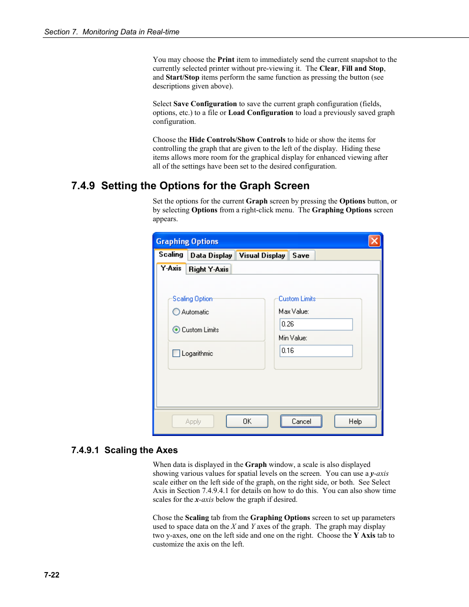 9 setting the options for the graph screen, 1 scaling the axes, 9 setting th | E options for the graph screen | Campbell Scientific RTDAQ Software User Manual | Page 174 / 368