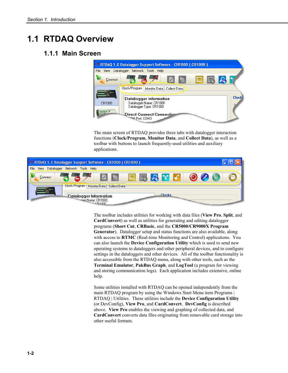 1 rtdaq overview, 1 main screen | Campbell Scientific RTDAQ Software User Manual | Page 20 / 368