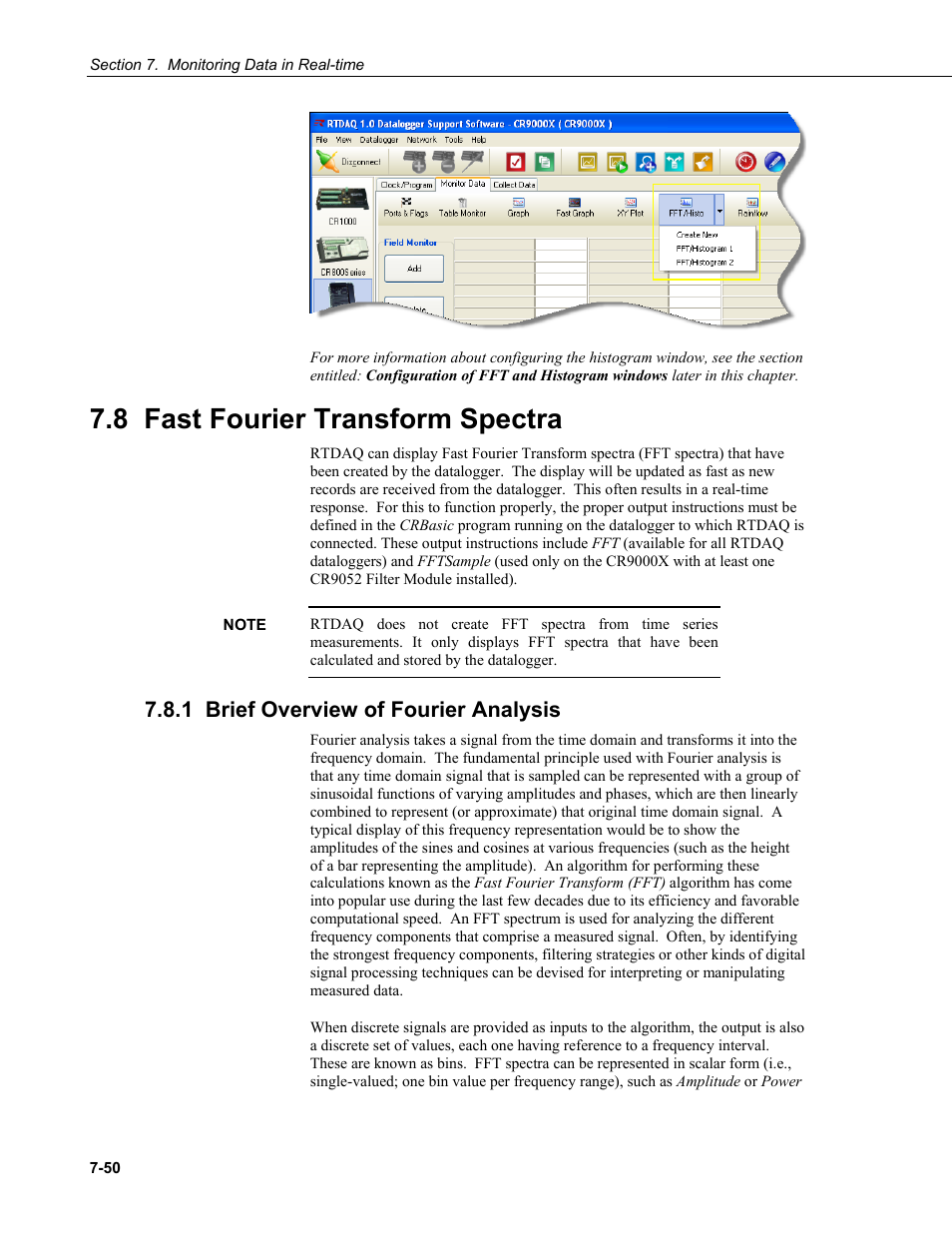 8 fast fourier transform spectra, 1 brief overview of fourier analysis | Campbell Scientific RTDAQ Software User Manual | Page 202 / 368