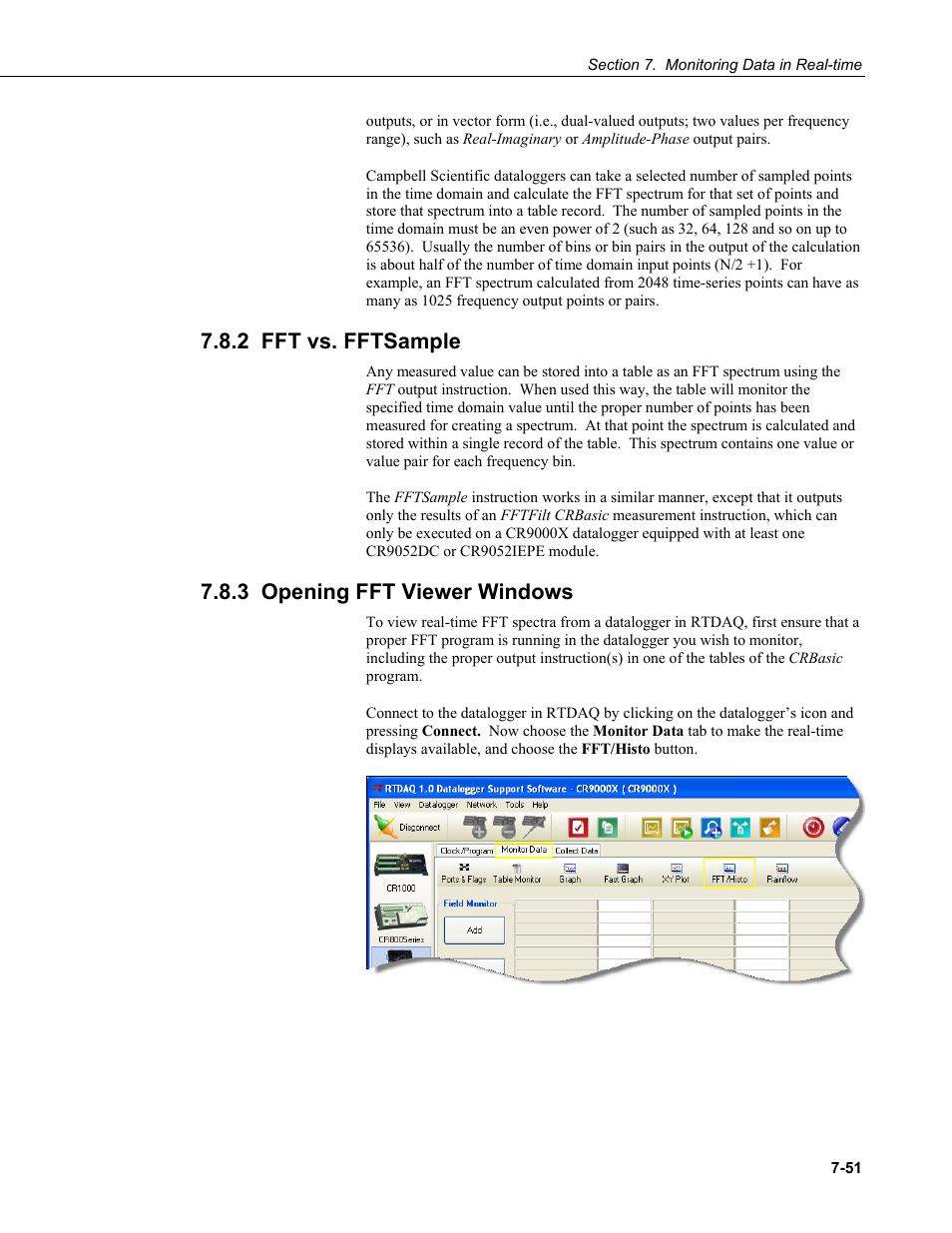 2 fft vs. fftsample, 3 opening fft viewer windows | Campbell Scientific RTDAQ Software User Manual | Page 203 / 368