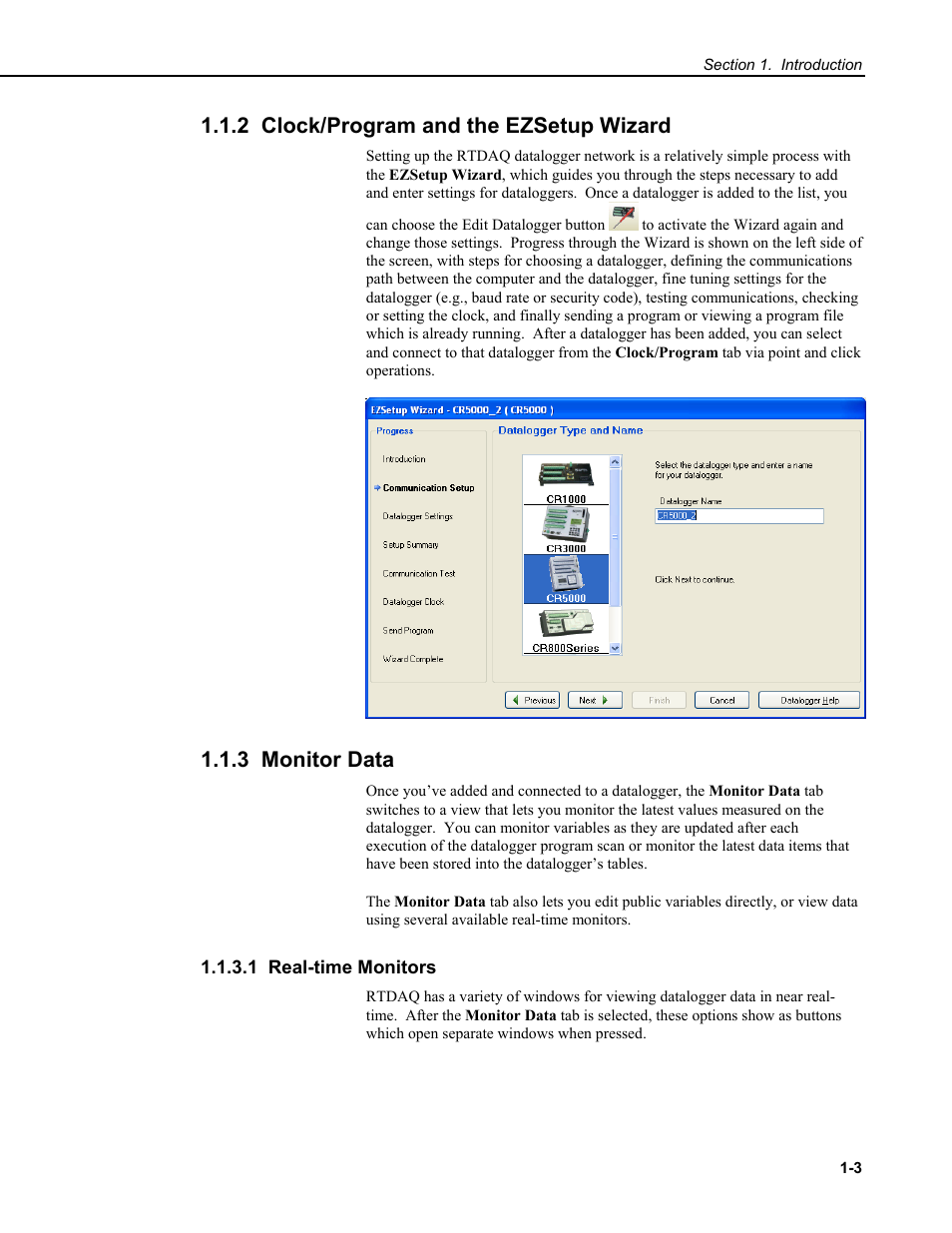 2 clock/program and the ezsetup wizard, 3 monitor data, 1 real-time monitors | Campbell Scientific RTDAQ Software User Manual | Page 21 / 368