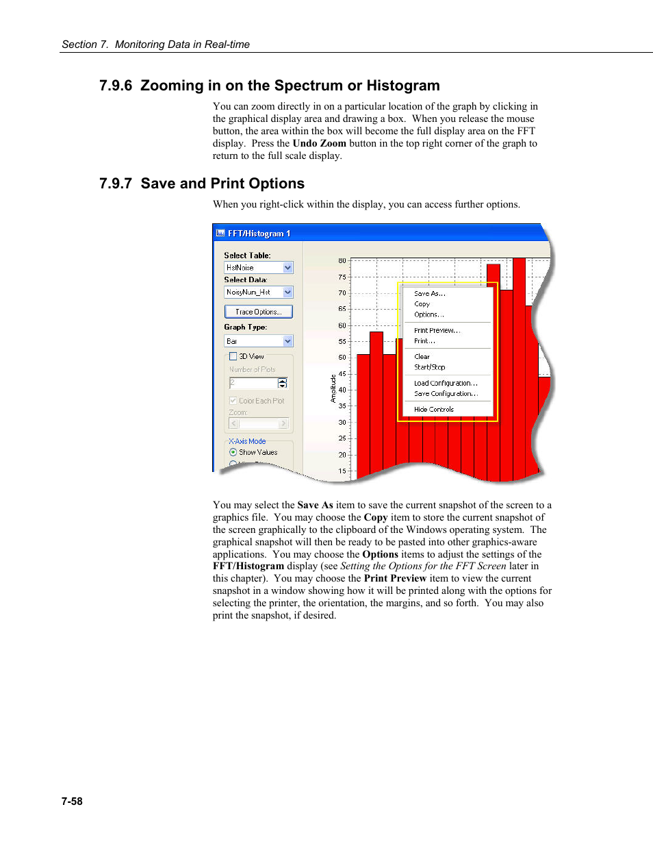 6 zooming in on the spectrum or histogram, 7 save and print options | Campbell Scientific RTDAQ Software User Manual | Page 210 / 368