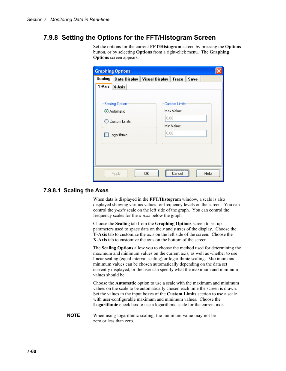 8 setting the options for the fft/histogram screen, 1 scaling the axes | Campbell Scientific RTDAQ Software User Manual | Page 212 / 368