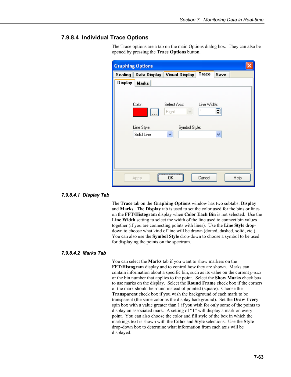 4 individual trace options, 1 display tab, 2 marks tab | Campbell Scientific RTDAQ Software User Manual | Page 215 / 368
