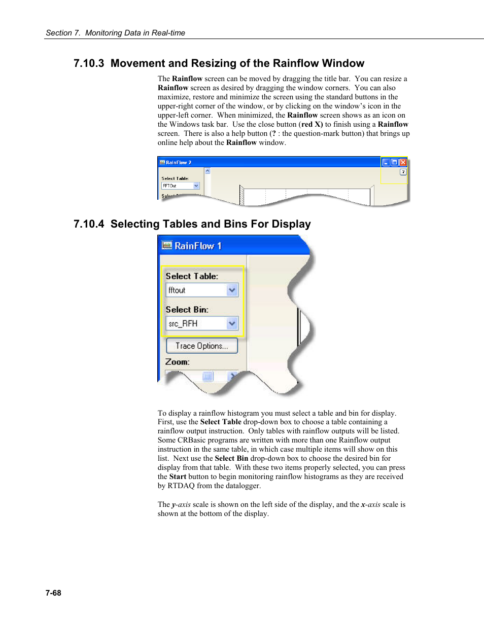 3 movement and resizing of the rainflow window, 4 selecting tables and bins for display | Campbell Scientific RTDAQ Software User Manual | Page 220 / 368