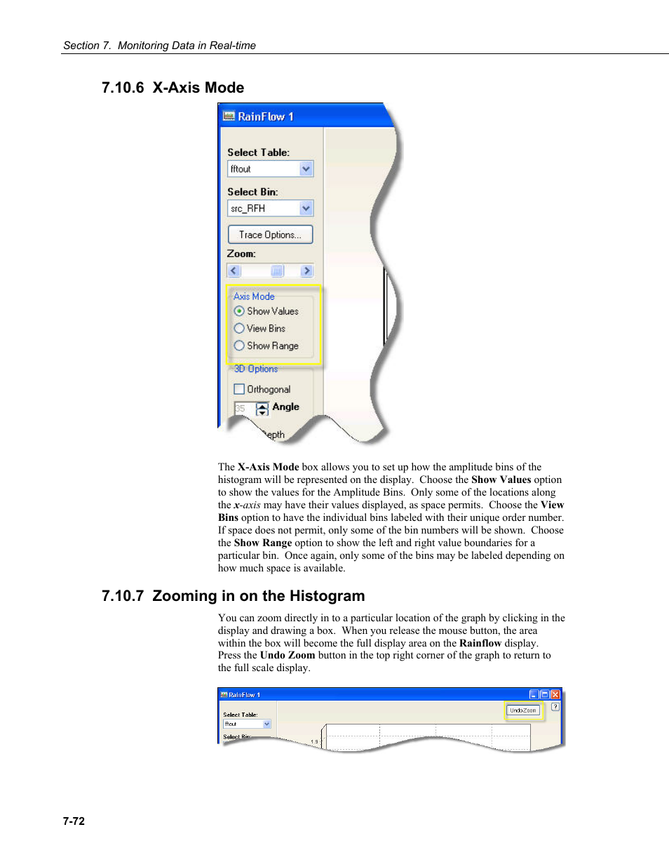 6 x-axis mode, 7 zooming in on the histogram | Campbell Scientific RTDAQ Software User Manual | Page 224 / 368