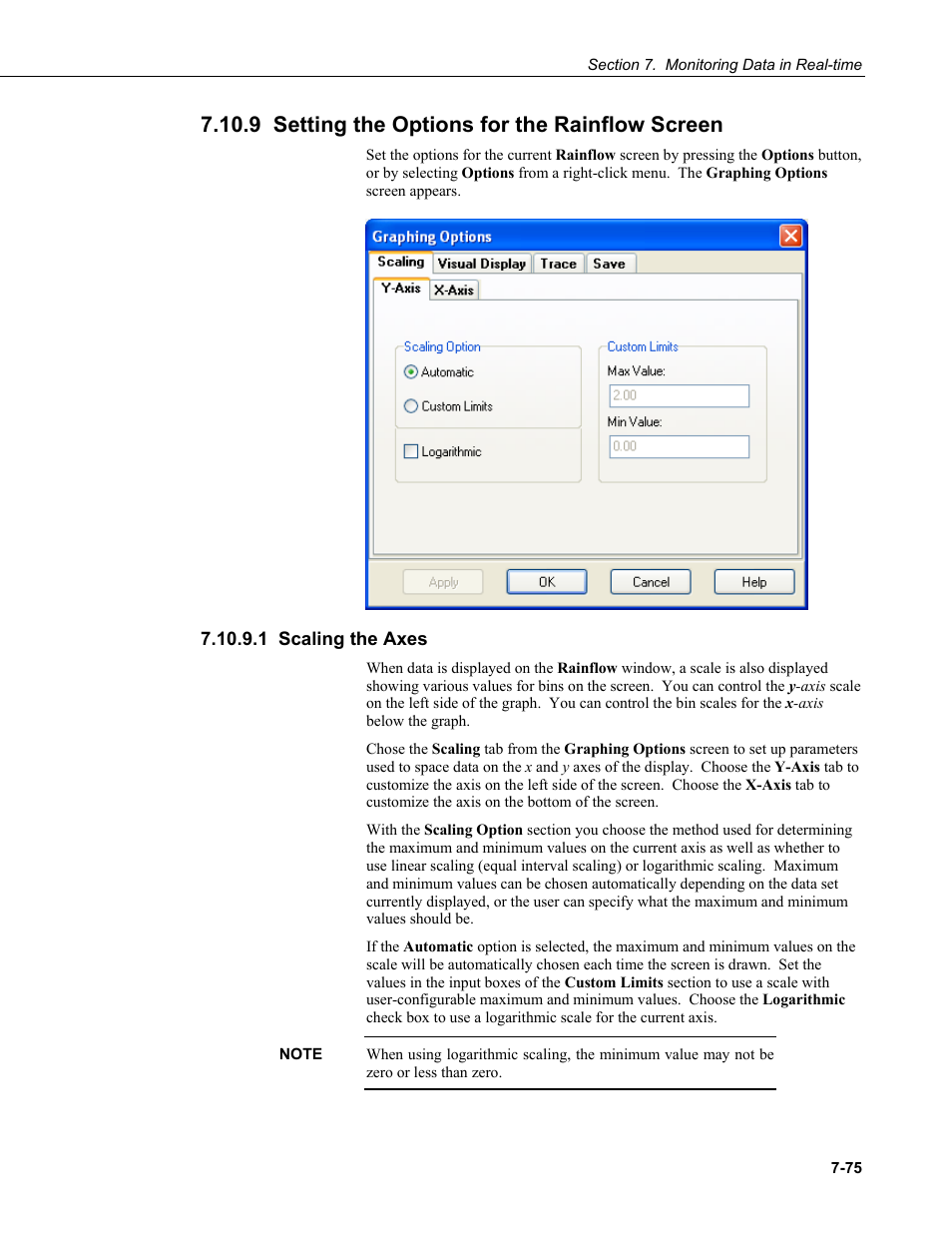 9 setting the options for the rainflow screen, 1 scaling the axes, 9 setting th | E options for the rainflow screen | Campbell Scientific RTDAQ Software User Manual | Page 227 / 368