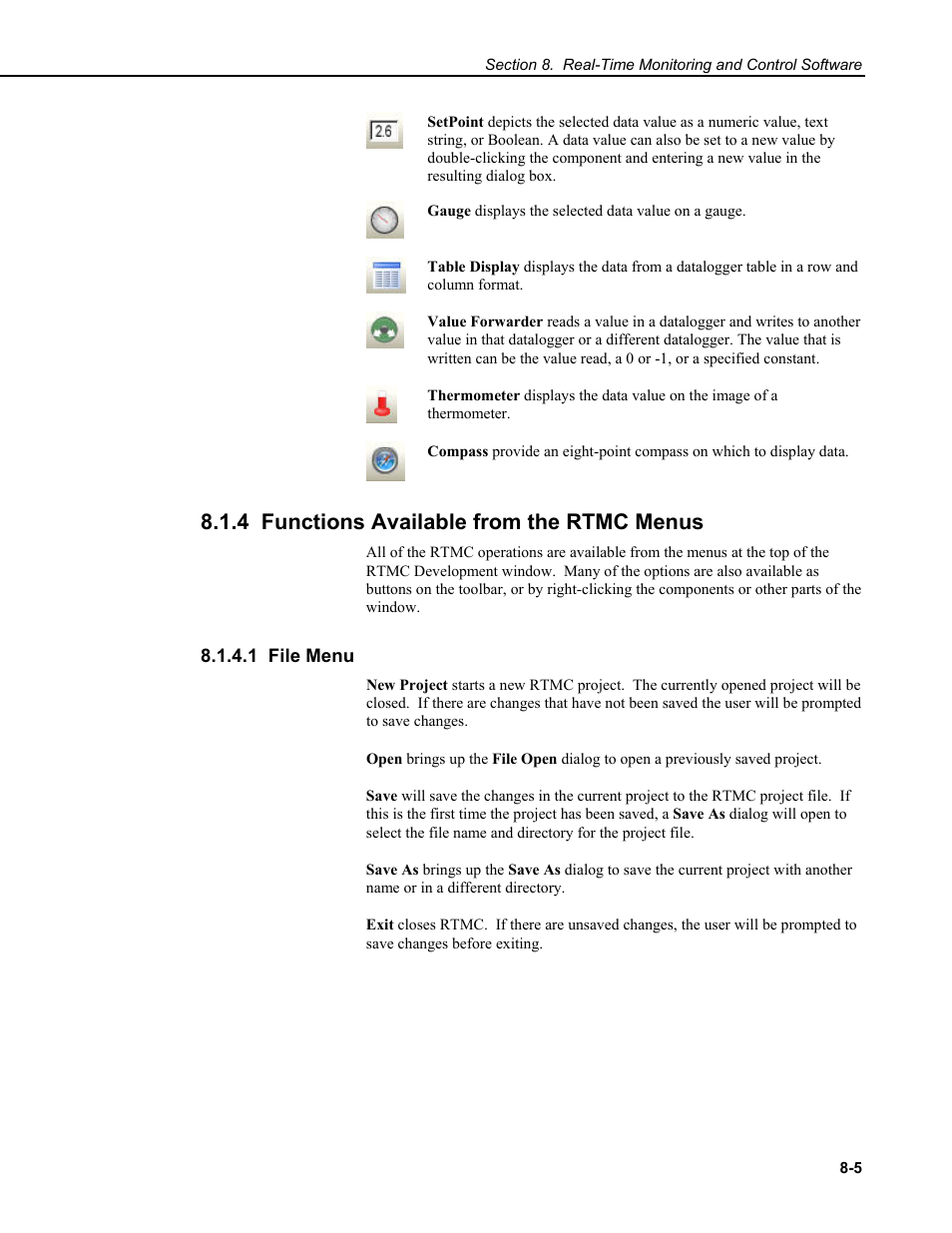 4 functions available from the rtmc menus, 1 file menu | Campbell Scientific RTDAQ Software User Manual | Page 239 / 368