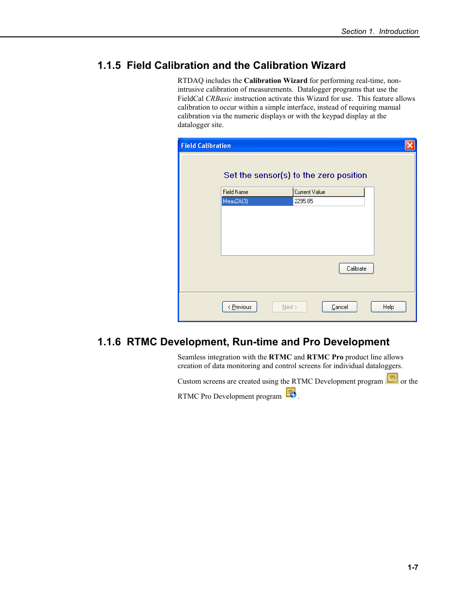 5 field calibration and the calibration wizard, 6 rtmc development, run-time and pro development | Campbell Scientific RTDAQ Software User Manual | Page 25 / 368
