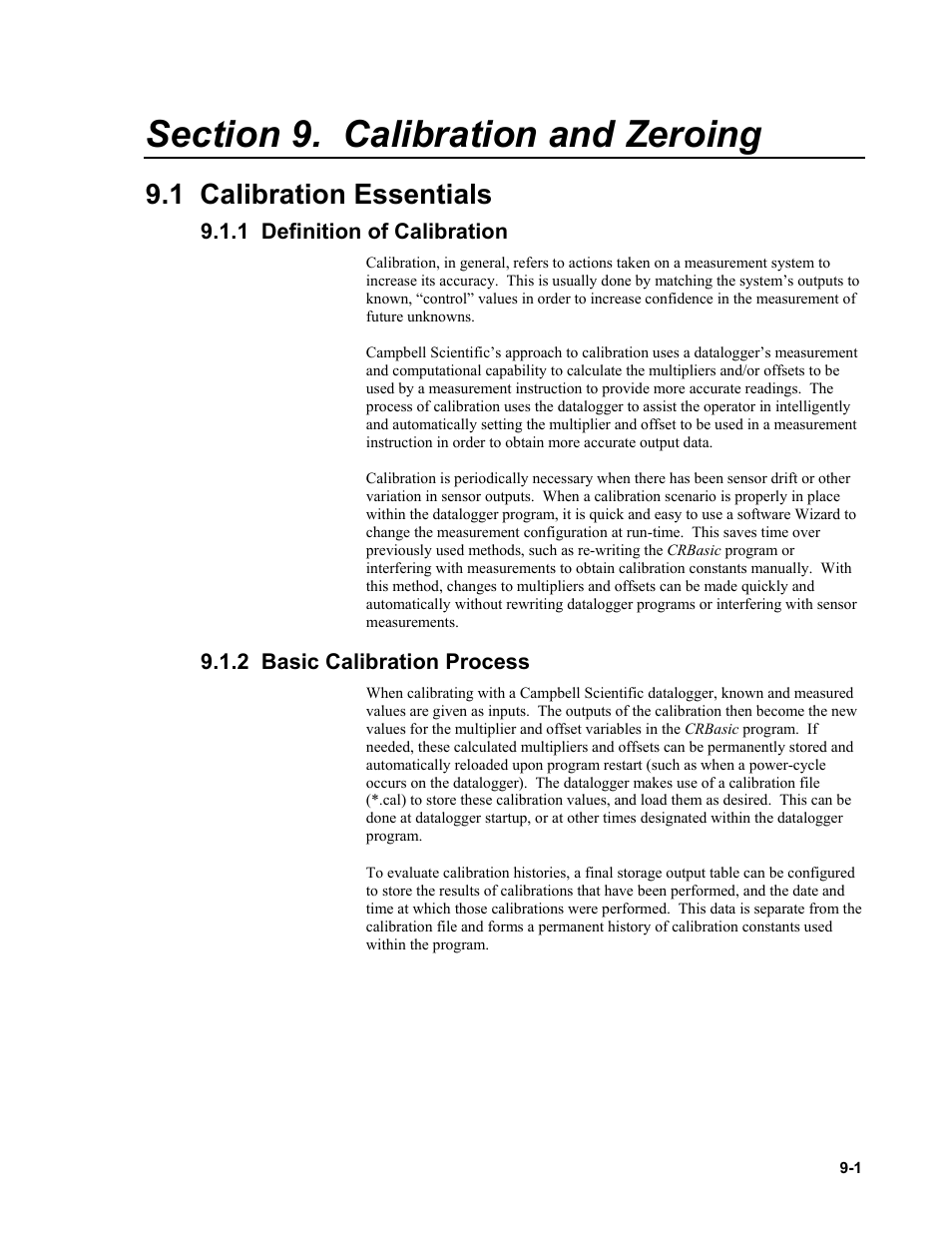 Section 9. calibration and zeroing, 1 calibration essentials, 1 definition of calibration | 2 basic calibration process | Campbell Scientific RTDAQ Software User Manual | Page 255 / 368