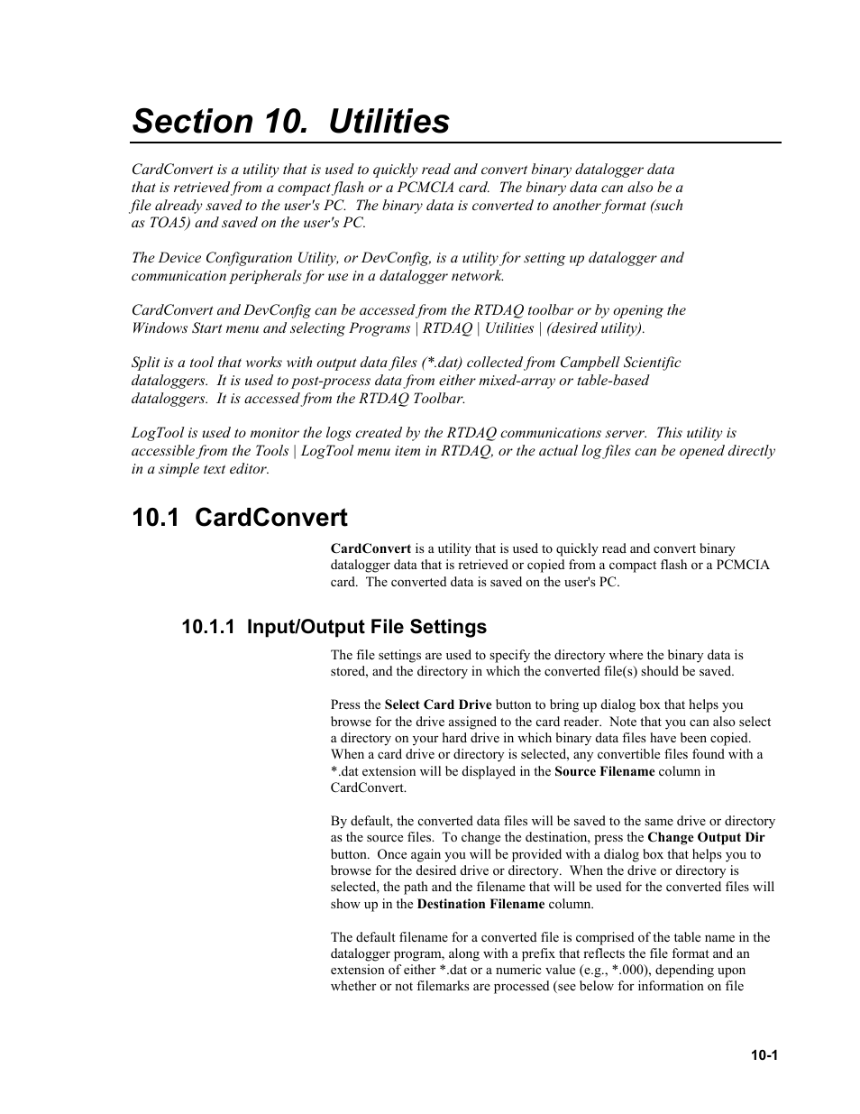 Section 10. utilities, 1 cardconvert, 1 input/output file settings | Campbell Scientific RTDAQ Software User Manual | Page 271 / 368