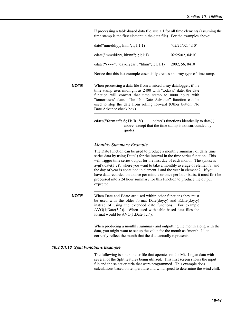 Monthly summary example, 13 split functions example | Campbell Scientific RTDAQ Software User Manual | Page 317 / 368