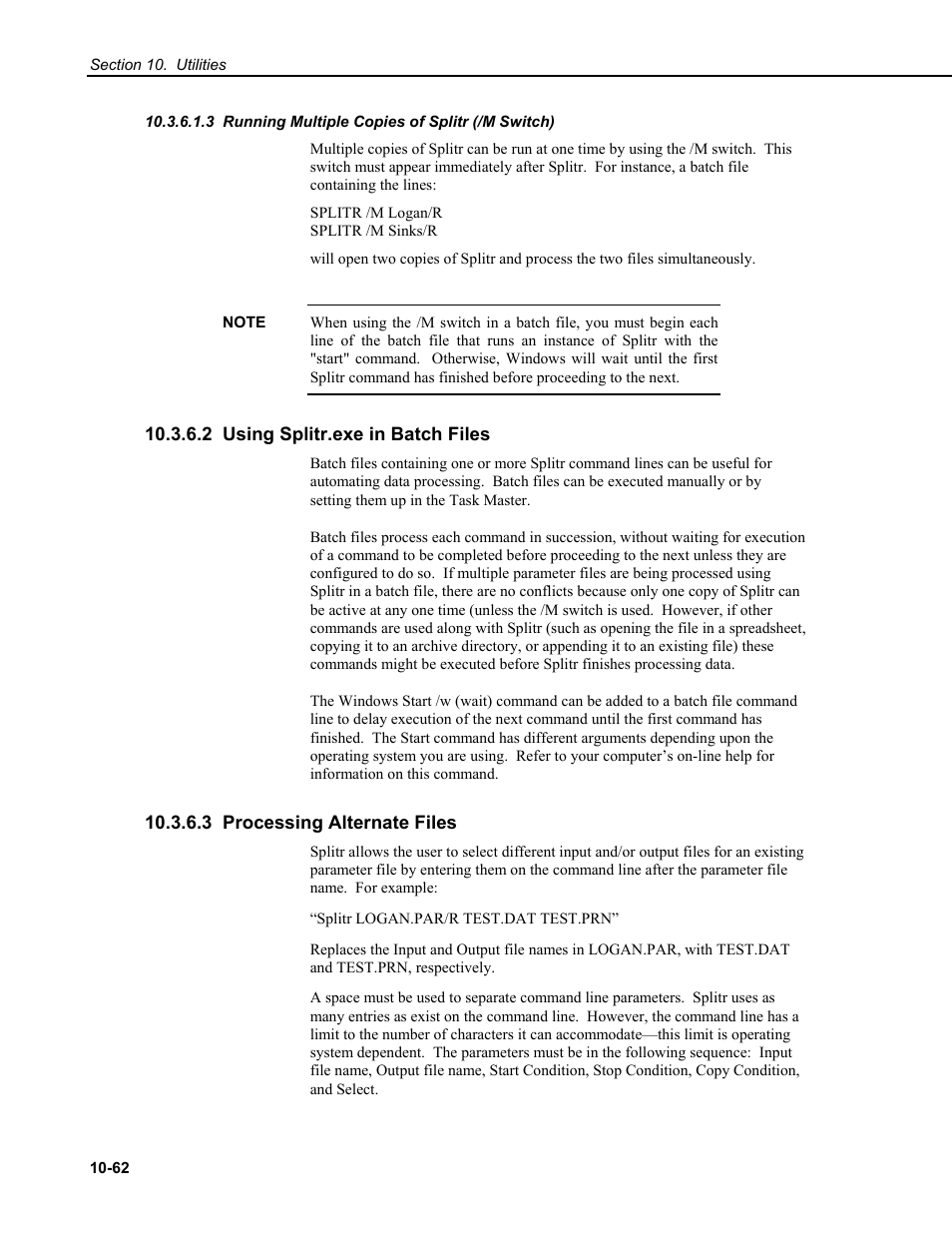 3 running multiple copies of splitr (/m switch), 2 using splitr.exe in batch files, 3 processing alternate files | Campbell Scientific RTDAQ Software User Manual | Page 332 / 368