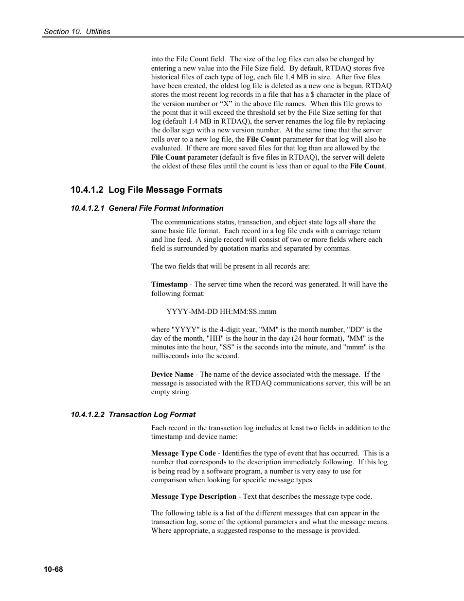 2 log file message formats, 1 general file format information, 2 transaction log format | Campbell Scientific RTDAQ Software User Manual | Page 338 / 368