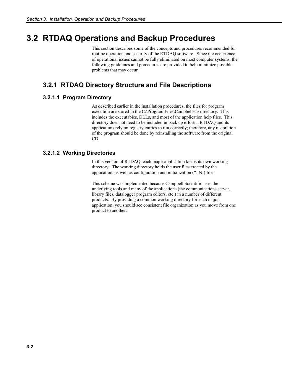 2 rtdaq operations and backup procedures, 1 rtdaq directory structure and file descriptions, 1 program directory | 2 working directories | Campbell Scientific RTDAQ Software User Manual | Page 34 / 368