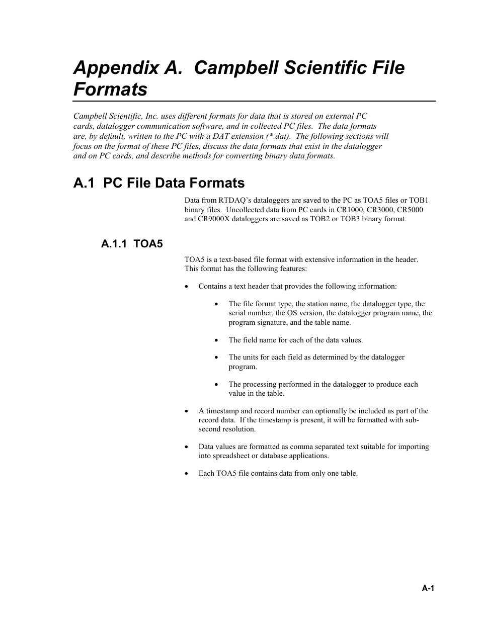Appendix a. campbell scientific file formats, A.1 pc file data formats, A.1.1 toa5 | Campbell Scientific RTDAQ Software User Manual | Page 357 / 368