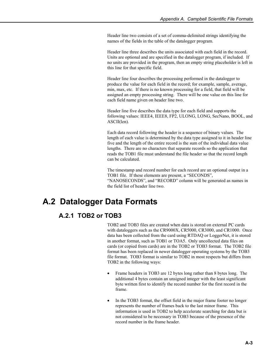 A.2 datalogger data formats, A.2.1 tob2 or tob3 | Campbell Scientific RTDAQ Software User Manual | Page 359 / 368