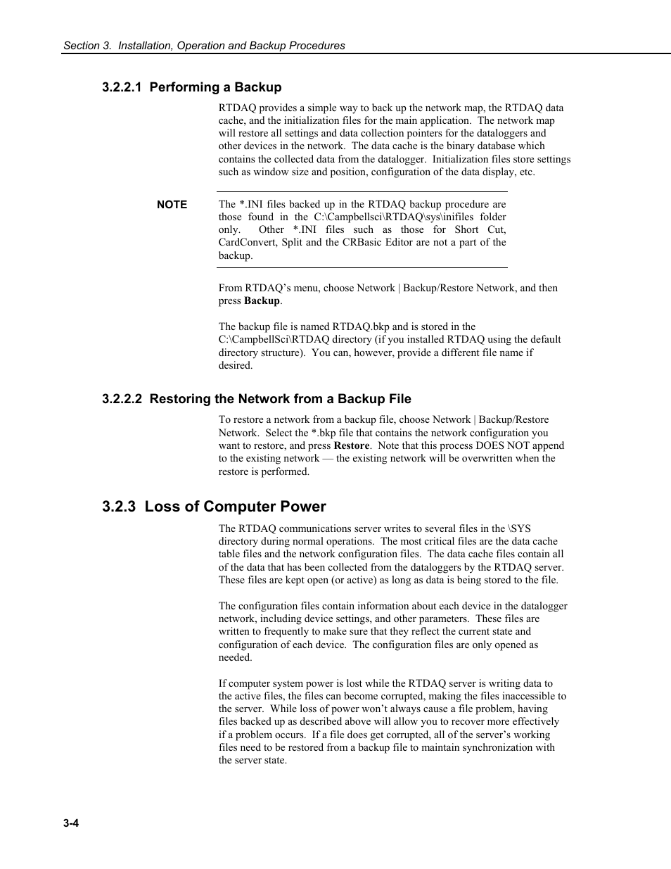 1 performing a backup, 2 restoring the network from a backup file, 3 loss of computer power | Campbell Scientific RTDAQ Software User Manual | Page 36 / 368