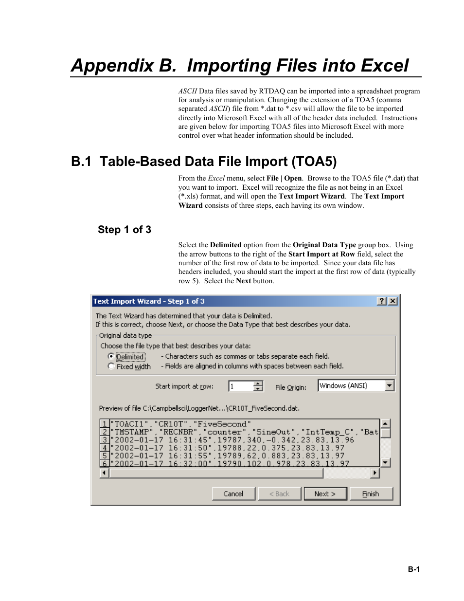 Appendix b. importing files into excel, B.1 table-based data file import (toa5), Step 1 of 3 | Campbell Scientific RTDAQ Software User Manual | Page 363 / 368