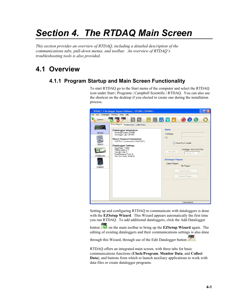 Section 4. the rtdaq main screen, 1 overview, 1 program startup and main screen functionality | Campbell Scientific RTDAQ Software User Manual | Page 37 / 368