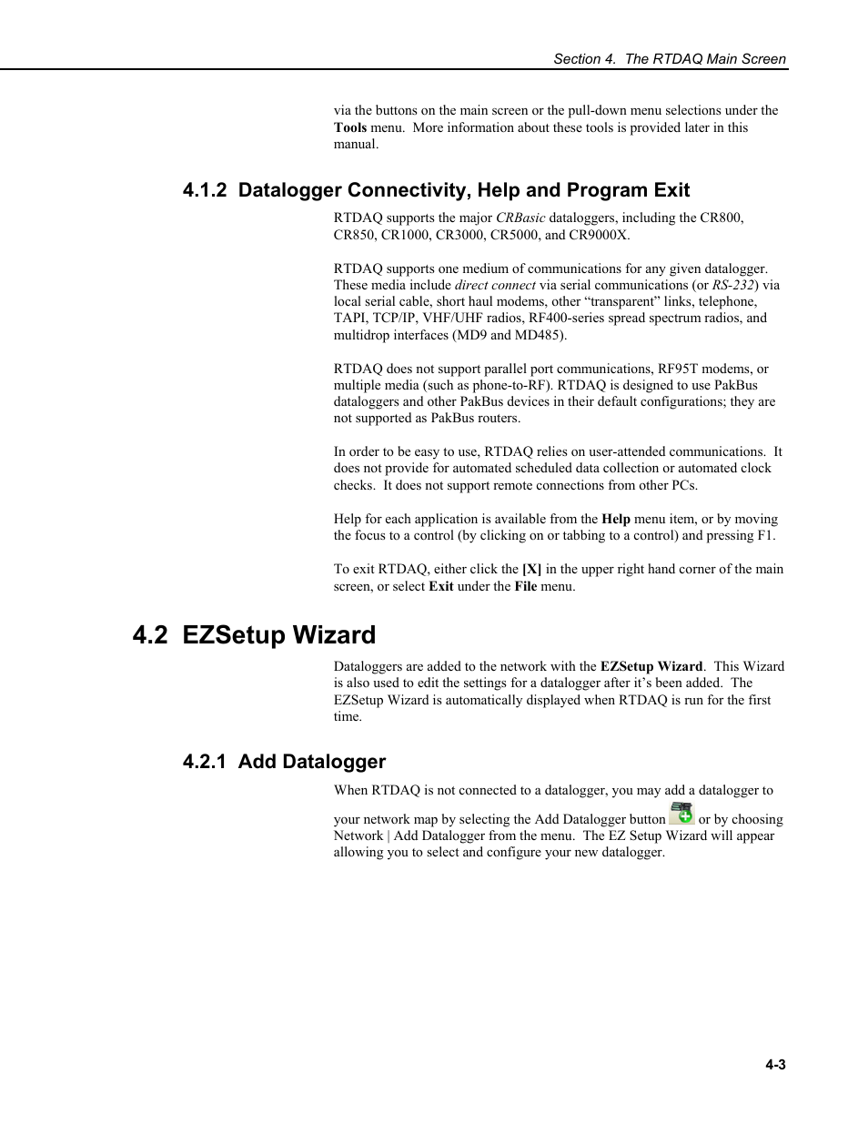 2 datalogger connectivity, help and program exit, 2 ezsetup wizard, 1 add datalogger | Campbell Scientific RTDAQ Software User Manual | Page 39 / 368