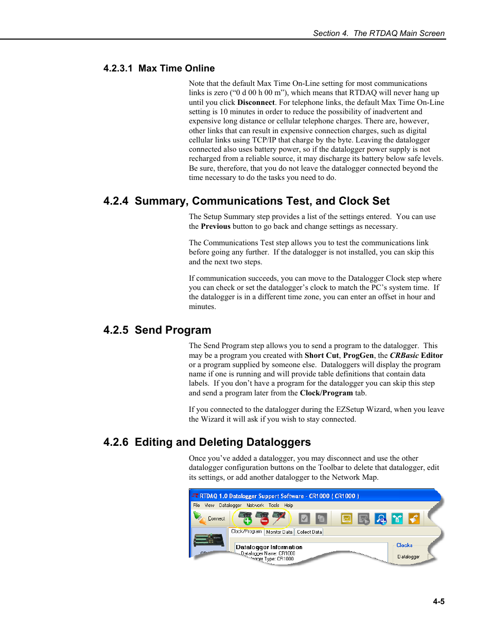 1 max time online, 4 summary, communications test, and clock set, 5 send program | 6 editing and deleting dataloggers | Campbell Scientific RTDAQ Software User Manual | Page 41 / 368