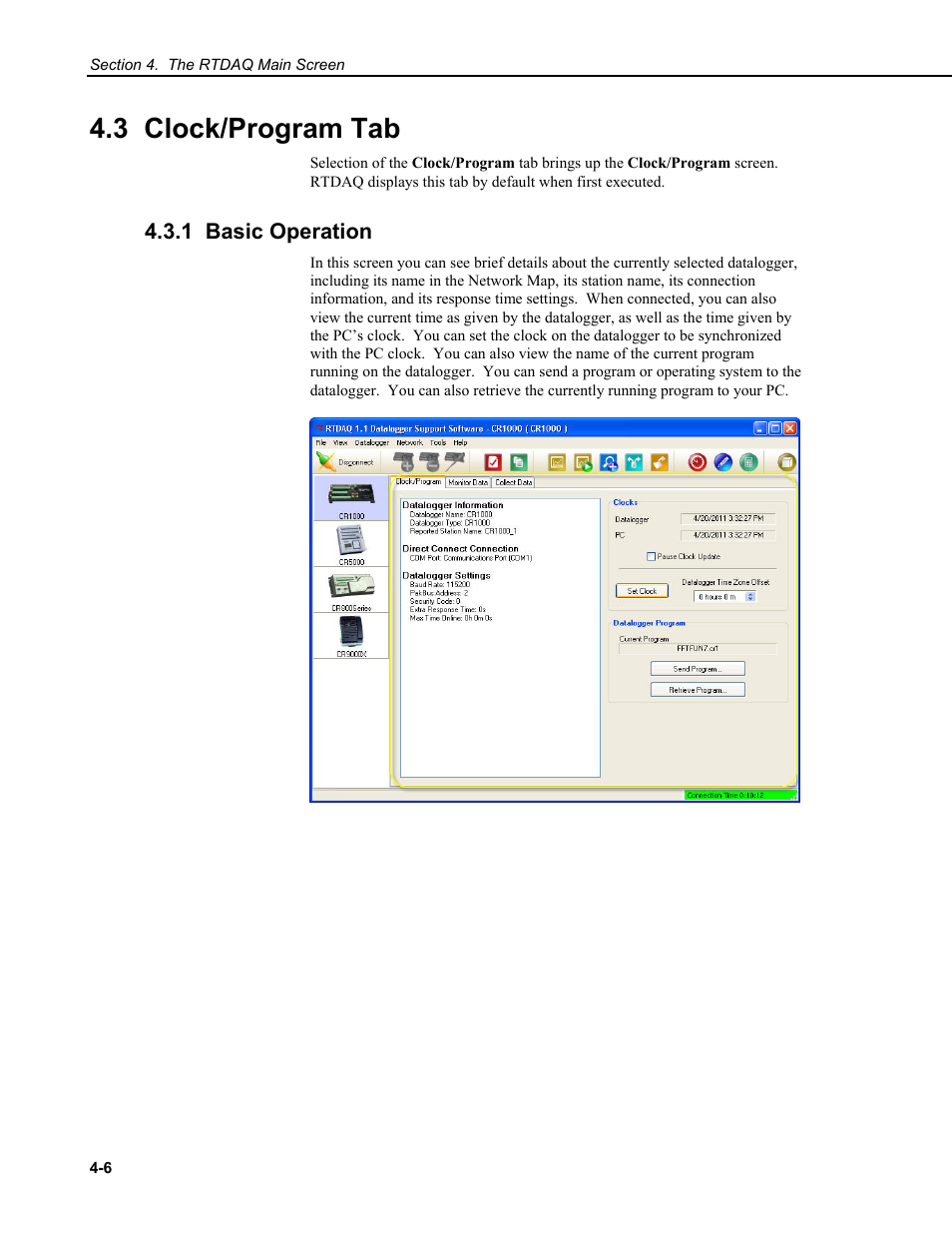 3 clock/program tab, 1 basic operation | Campbell Scientific RTDAQ Software User Manual | Page 42 / 368