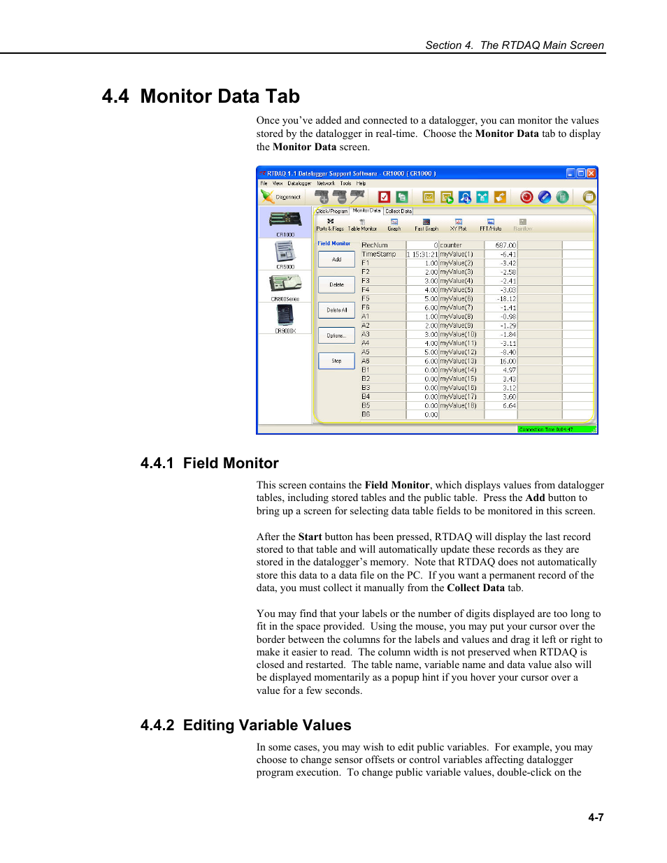 4 monitor data tab, 1 field monitor, 2 editing variable values | Campbell Scientific RTDAQ Software User Manual | Page 43 / 368