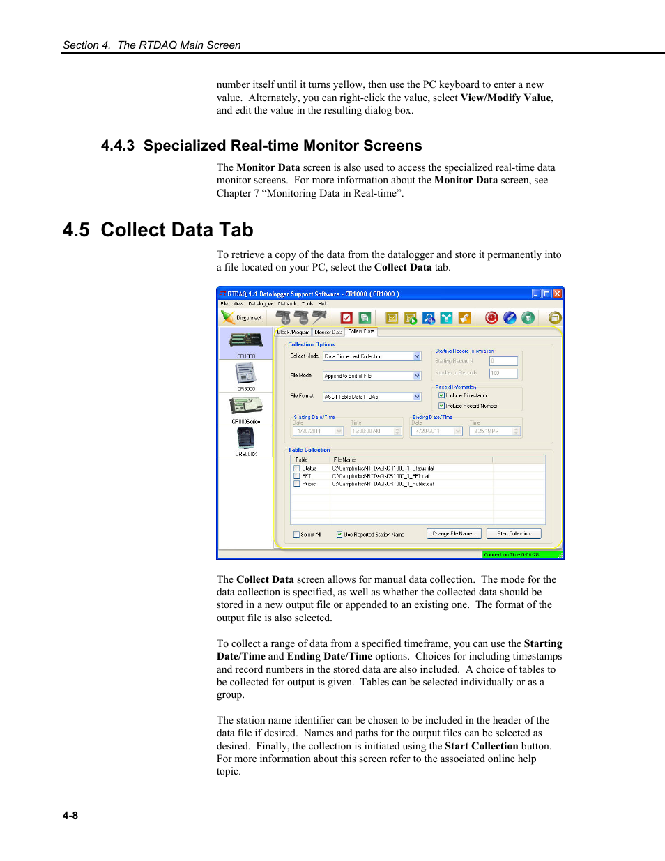3 specialized real-time monitor screens, 5 collect data tab | Campbell Scientific RTDAQ Software User Manual | Page 44 / 368