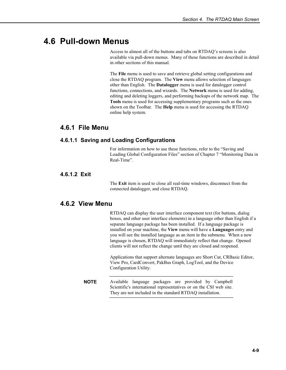 6 pull-down menus, 1 file menu, 1 saving and loading configurations | 2 exit, 2 view menu | Campbell Scientific RTDAQ Software User Manual | Page 45 / 368