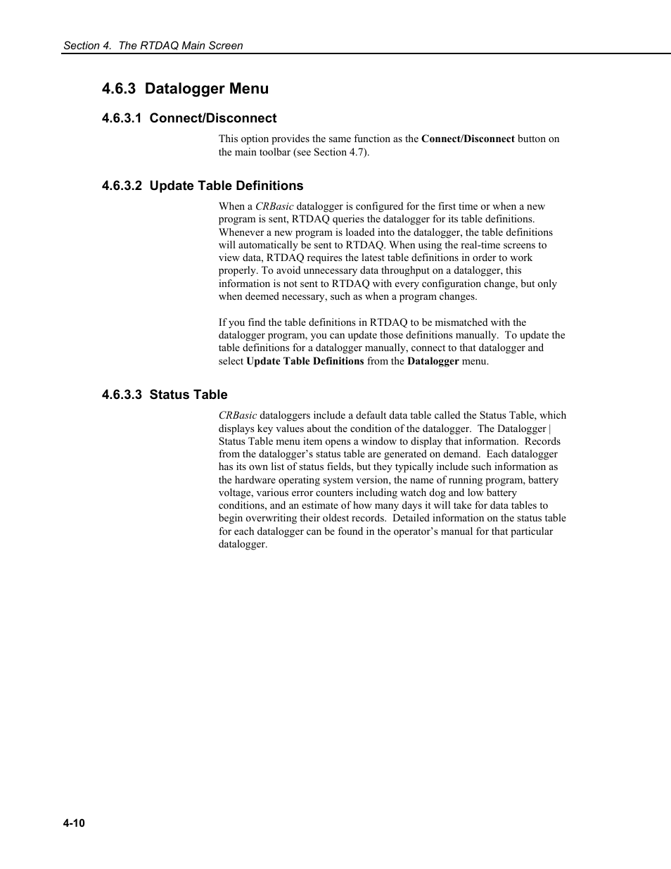 3 datalogger menu, 1 connect/disconnect, 2 update table definitions | 3 status table | Campbell Scientific RTDAQ Software User Manual | Page 46 / 368