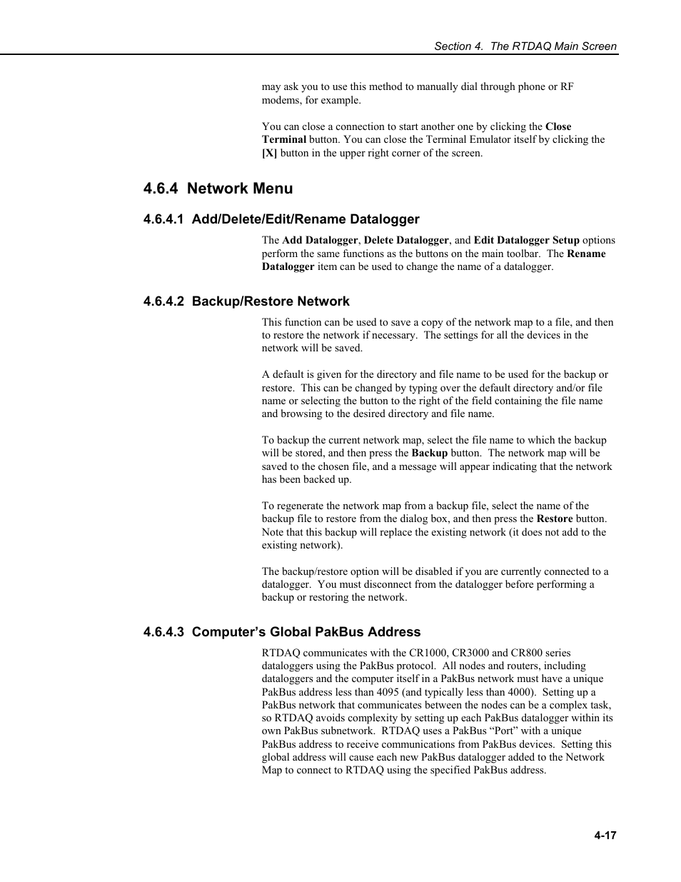 4 network menu, 1 add/delete/edit/rename datalogger, 2 backup/restore network | 3 computer’s global pakbus address | Campbell Scientific RTDAQ Software User Manual | Page 53 / 368